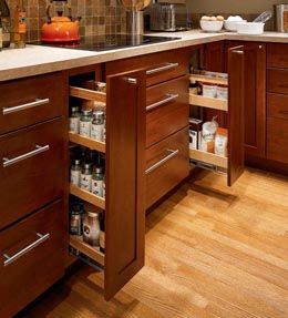 Wonder if I could convert my wasted corner cabinet with the small door into a pull out spice drawer? Freestanding Kitchen Storage, Tall Kitchen Pantry Cabinet, Kitchen Cabinets Upgrade, Kraftmaid Kitchens, Tall Kitchen Cabinets, Order Kitchen, Freestanding Kitchen, Spice Cabinet, Kitchen Cabinets Decor