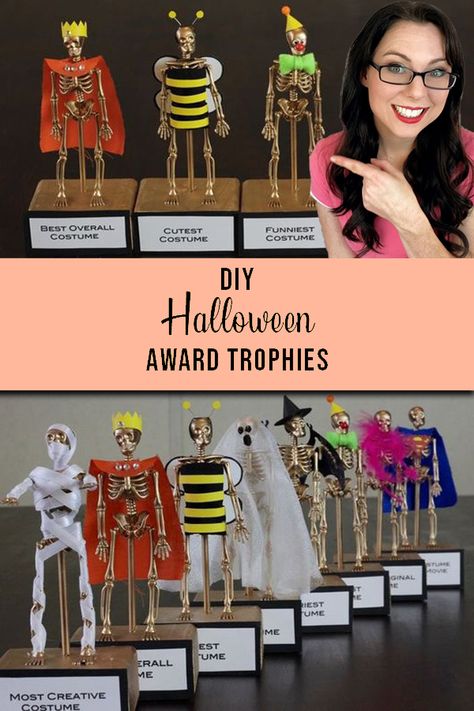 Halloween Party Trophies Diy, Diy Halloween Costume Trophies, Halloween Block Party Invitations, Halloween Party Trophies, Costume Party Trophies, Halloween Awards Diy, Halloween Party Awards, Costume Trophy Ideas, Costume Party Prize Ideas