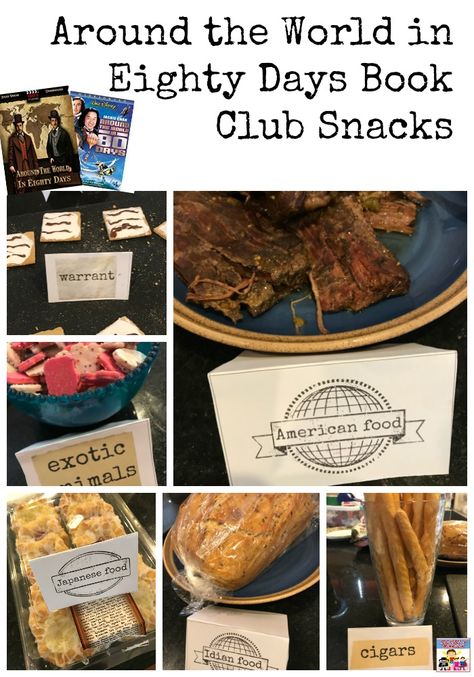 Around the World in 80 Days book club Around the World in 80 Days movie Around The World In 80 Days Book, Around The World In 80 Days Activities, Around The World In 80 Days Party, Book Club Snacks, Bunco Ideas, Expand Your Vocabulary, Types Of Snacks, Homeschool Projects, Easy Books