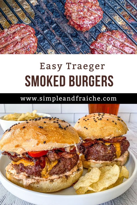 Burgers On The Traeger Grill, Smoked Cajun Burgers, Smoked Burgers Recipes, Smoked Hamburgers Pellet Grill, Traeger Hamburgers, Smoked Cheeseburgers, Traeger Burgers, Smoked Hamburgers, Easy Smoker Recipes