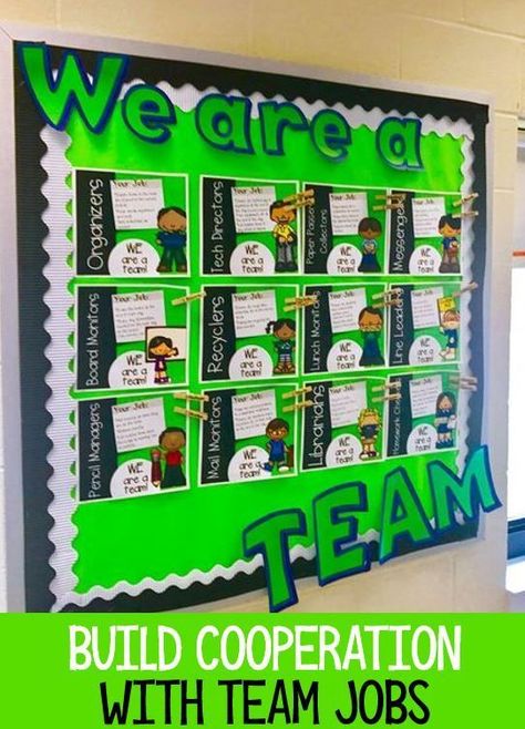 Classroom TEAM Jobs are the perfect way for your elementary kids to understand the power of teamwork! This resource can be started during the back to school season or ANY TIME during the school year where you want to try a new way of tackling classroom jobs. You get bulletin board lettering and 26 different class job posters. Click through to see how this can work in your 1st, 2nd, 3rd, 4th, 5th, or 6th grade classroom. {first, second, third, fourth, fifth, sixth graders} #MrMault Team Bulletin Board, Sports Bulletin Boards, Classroom Jobs Bulletin Board, 6th Grade Classroom, Classroom Jobs Display, Sports Theme Classroom, Sports Classroom, Team Theme, Classroom Management Plan