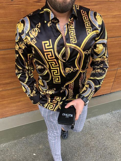 Trending Shirts For Men, Versace Silk Shirt, Mens Dress Outfits, African Print Tops, Shirt Korean, Black Men Fashion Swag, Dress Suits For Men, Men Fashion Casual Shirts, Hipster Mens Fashion