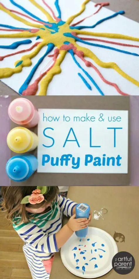 Salt Puffy Paint - A Tried-and-True Process Art Activity for Kids Salt Painting, Preschool Art Projects, Art Project For Kids, Diy Preschool, Sensory Art, Project For Kids, Puffy Paint, Art Activities For Kids, Toddler Art