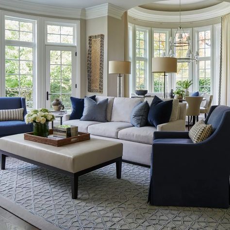 Blue And Cream Living Room, Blue Accents Living Room, Blue Family Rooms, Beige Living Room Decor, Grey Living Room Ideas, Taupe Living Room, Blue And Green Living Room, Brown And Blue Living Room, Transitional Family Room