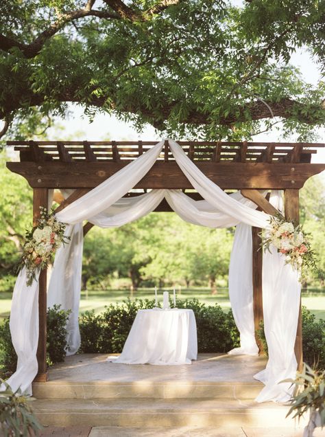 Wedding Altar Ideas Gazebo, Simple Gazebo Flowers Wedding, Backyard Wedding Gazebo, Wedding Arbors Outdoor Draping, Gazebo Ideas Backyard Wedding, Outdoor Pergola Wedding Decor, Gazebo Draping Wedding, Pergola Drapes Wedding, Backyard Wedding Pergola