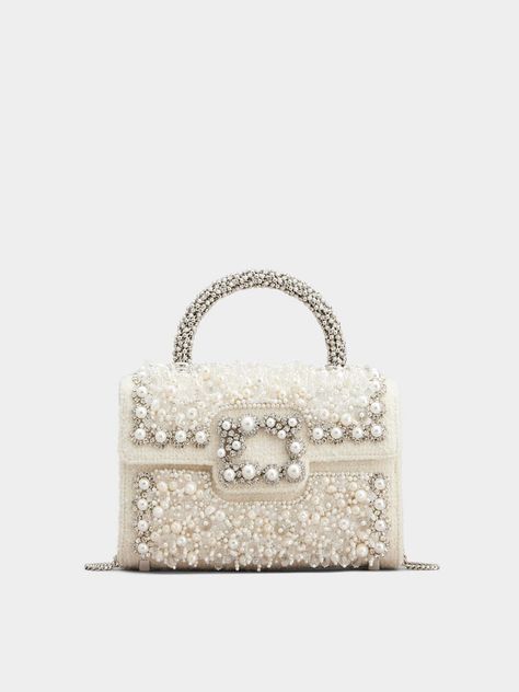 Flower Strass Pearl Mini Buckle Jewel Clutch Bag in Wool Off White Woman RBWAMFC1102SQHPZ1L19 | Roger Vivier Jeweled Bag, White Woman, Shoulder Chain, Embellished Top, Roger Vivier, Best Bags, Small Leather Goods, Clutch Wallet, Metal Chain