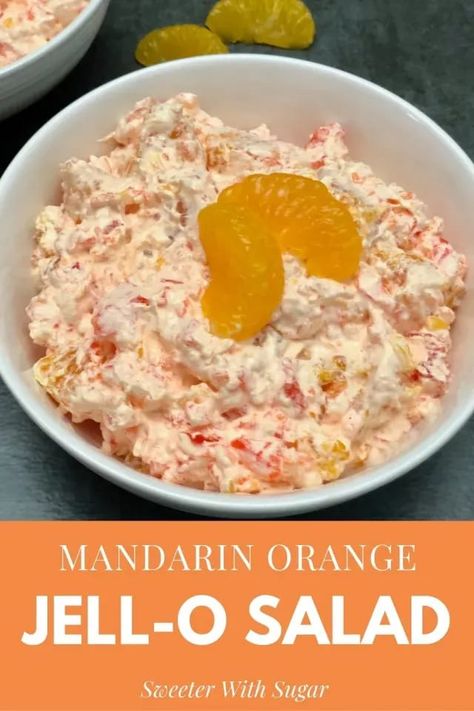 Mandarin Orange Jell-O Salad is an easy and delicious salad recipe everyone will love. It is kid and adult friendly. #JellO #Salads #Sides #KidFriendly #FamilyFriendlyRecipes Kid Friendly Salad Recipes, Mandarin Orange Jello Salad, Pot Luck Dishes Easy, Orange Jello Salads, Congealed Salad, Mandarin Orange Salad, Jello Salads, Pineapple Salad, Orange Jello