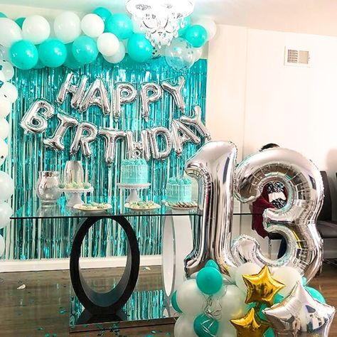 Silver Balloons Decoration, Teal Party Decorations, 13th Birthday Decorations, 13th Birthday Party Ideas For Girls, 13th Birthday Cake, Birthday Sleepover Ideas, Teal Party, Balloon Numbers, Silver Balloons