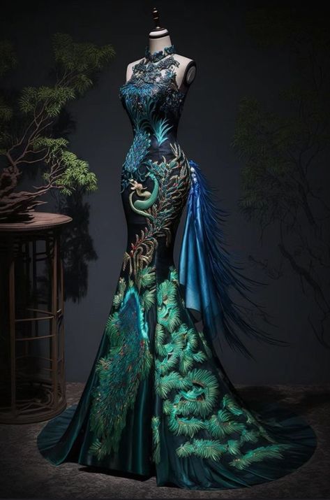 Peacock Inspired Dress, Shattered Elegance, Peacock Gown, Transforming Dress, Dragon Fashion, Dragon Dress, Peacock Dress, Fantasy Gowns, Pretty Prom Dresses