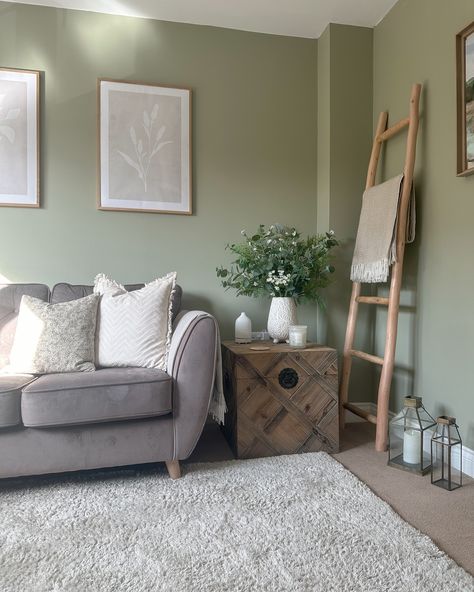 Snug room details ✨ This was one of the first rooms we finished after moving in and I’m so glad I went for the green walls! As well as my favourite cup of tea spot, it’s turned into my favourite book reading spot too 🥰😂 Walls: @duluxuk overtly olive Sofa: @scssofas (ad) Trunk: bought secondhand but have seen it on @cotswoldluxecc Ladder/throw: @homesense_uk Prints: @desenio Bouquet/lanterns: @thewhitecompany Diffuser: @marmaladeoflondon Cushions: @dusk.com / @mylittleforesthome Ha... May Happy New Month, Sunshine Strawberries, Basil Pot, Overtly Olive, Living Room Downstairs, Olive Living Rooms, Grey Feature Wall, Wooden Floors Living Room, Green Walls Living Room