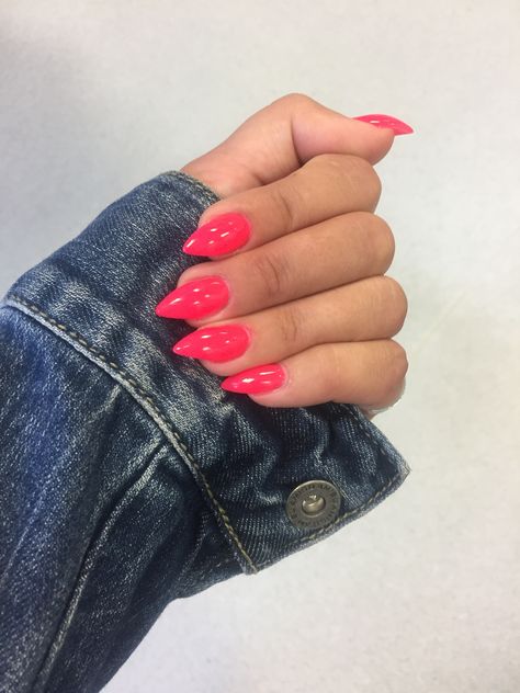 Summer nails - neon pink Almond Neon Nails, Neon Pink Almond Nails, Watermelon Pink Nails, Bright Pink Almond Nails, Summer Nails Neon Pink, Neon Pink Nails Art, Short Pointed Nails, Pink Nails Art, Pink Almond Nails