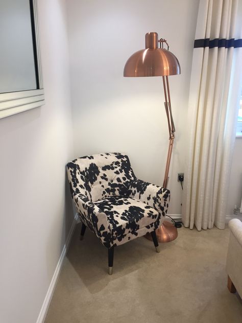 Cow print chair copper floor lamp light Cow Print Chair, Copper Floor, Basement Redo, Copper Floor Lamp, Chair Office, Home Ownership, Floor Lamp Lighting, Room Themes, Cow Print