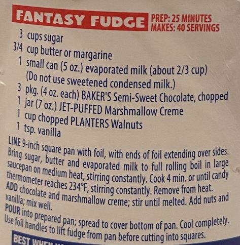 Jet Puff Marshmallow Creme Recipes, Fantastic Fudge, Original Fantasy Fudge Recipe, Fantasy Fudge Recipe, Fantasy Fudge, Marshmallow Fudge, Yummy Candy, Bar Desserts, Homemade Fudge Recipes