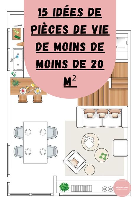 Le point gagnant de cette pièce est l’emplacement du canapé qui est rapproché de l’escalier, gagnant un espace central clair et une pièce beaucoup plus grande, bien qu’elle soit minuscule. Apporter des pièces légères et basses Dans les pièces petites, il faut adopter des pièces légères et qui ne représentent pas un obstacle, ni pour la lumière ni pour le passage. 20 M2 Apartment, Plan Studio 20m2, Studio Deco, Plan Studio, Deco Studio, Tattoo Shop, Small Apartments, Versailles, Le Point