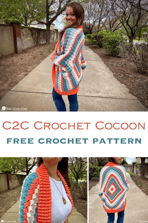 Looking for a fun, mindless, super comfortable crochet sweater? Make a corner to corner crochet cocoon using this free pattern! Mindless Crochet Projects, Crochet Plus Size Cardigan, Plus Size Crochet Patterns, Plus Size Crochet Patterns Free, Fun Crochet Projects Free, Crochet Cocoon Pattern, Crochet Plus Size, Granny Cardigan, Plus Size Crochet