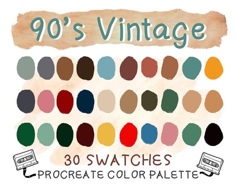 Scary Movie Color Palette, 90s Color Pallete, 90s Color Palette Grunge, Retro Color Palette 1960s, 1990s Color Palette, 90s Colour Palette, Vintage Procreate, 90s Color Palette, Procreate Color Palettes