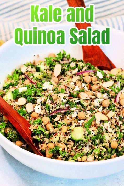 You're going to love this colorful Kale and Quinoa Salad, a vibrant medley of flavors and textures. This hearty dish features whole grain quinoa, crisp kale, chickpeas, cucumber, savory feta cheese, and crunchy almonds all tied together with a bright lemon dressing. Mediterranean Lunches, Kale And Quinoa Salad, Kale Salads, Grain Salads, Kale And Quinoa, Quinoa Kale, Kale Quinoa Salad, Awesome Appetizers, Salad Easy