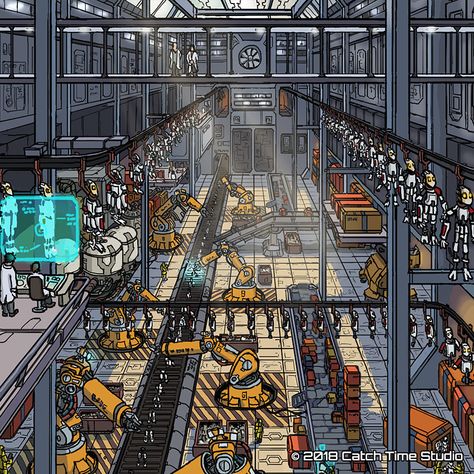 ArtStation - Robot Factory, Tim van Geel Factory Illustration, Robot Factory, Factory Interior, Futuristic Robot, City Layout, Star Wars Books, Industrial Factory, Quirky Illustration, Spaceship Design