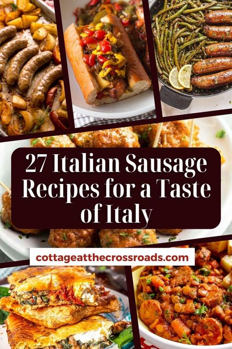 27 Italian Sausage Recipes for a Taste of Italy pinterest image. Italian Sausage Pasta Recipes Easy, Sausages And Salad, Italian Sausage And Beef Recipes, What To Do With Italian Sausage, Salsiccia Recipes, Recipes With Mild Italian Sausage, Hot Italian Turkey Sausage Recipes, Dinner Recipes With Italian Sausage, Recipes For Italian Sausage Dinners