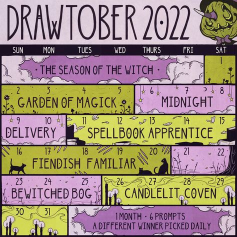 Art Challenge Prompts, Drawtober 2022, 2022 Drawing, The Season Of The Witch, Arts Month, October Art, Journal Challenge, 2022 Calendar, Creative Drawing Prompts