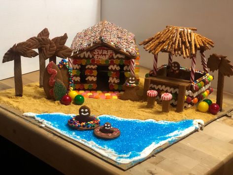 Ginger Bread Contest Ideas, Beach Theme Gingerbread House, Beach House Gingerbread House, Tropical Gingerbread House, Gingerbread House Beach, Beach Gingerbread House, Gingerbread Beach House, Gingerbread Display, Gingerbread Contest