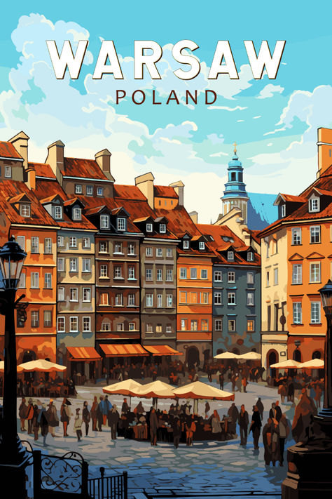 Vintage-style poster showcasing the charm of Warsaw, Poland, perfect for adding retro vibes to your decor. Poland Illustration, Poland Poster, Country Poster, Warsaw Old Town, Vintage Town, Poland Art, Poland Warsaw, Travel Poster Design, Poland Travel