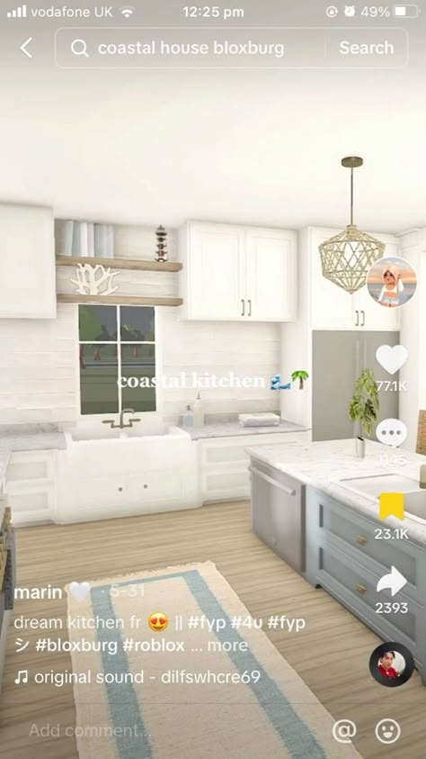 Beachy Kitchen Bloxburg, Coastal Pantry Bloxburg, Coral Decals Bloxburg, Coastal Living Room Bloxburg, Coastal Kitchen Bloxburg, Room Bloxburg Ideas, Coastal Bloxburg House, Coastal Bloxburg, Living Room Bloxburg