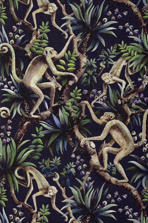 Aesthetic Jungle Wallpaper, Palm Beach Interior Design, Business Wallpaper, Tropical Artwork, Monkey Statue, Beach Interior Design, Moody Wallpaper, Elvis Sings, Powder Room Wallpaper