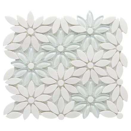 Margot Thassos Flower Glass Mosaic Floral Tiles Kitchen, Floral Tile Backsplash Kitchen, Flower Backsplash Kitchen, Flower Tile Backsplash, Floral Backsplash, Flower Mosaic Tile, Kitchen Backslash, Farmhouse Reno, Penny Mosaic