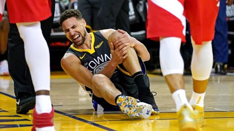 Klay Thompson leaves Oracle Arena on crutches with knee injury | Yardbarker Klay Thompson Injury, Torn Acl, Danny Green, Calf Injury, Cr7 Messi, Steve Kerr, Oracle Arena, Acl Tear, Shooting Guard