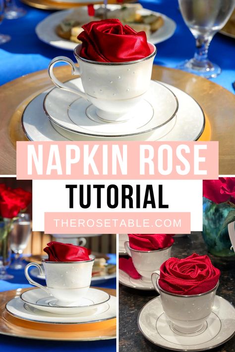 Here's how to style the quick and easy napkin roses seen at The Rose Table Disney Dinners: Beauty and the Beast Tea Napkin Folding Ideas For Tea Party, Disney Centerpieces Wedding Diy, Tea Party Napkin Folding Ideas, Tea Party Napkins, Tea Party Centerpiece Ideas, Napkin Roses, Church Ladies Tea Party, Napkins Fold, Blue Tablescape