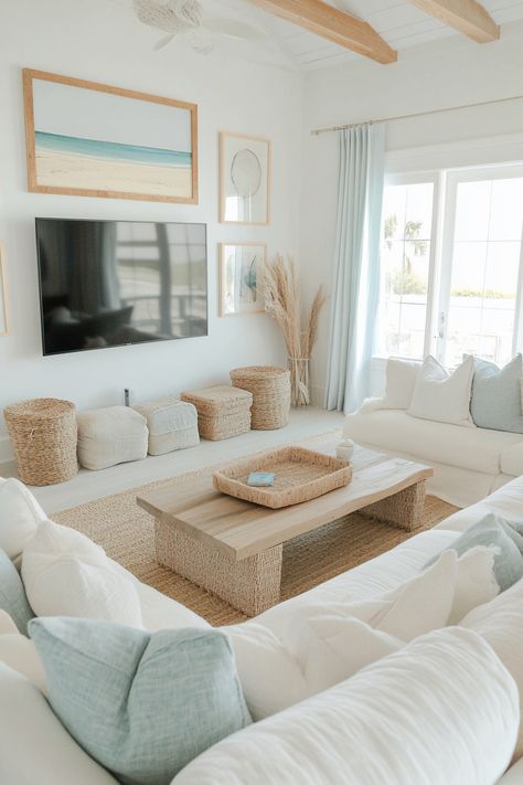 Experience the serenity of coastal living room decor! This space blends natural textures with calming hues for a breezy, beach-inspired vibe. Perfect for creating a relaxing atmosphere at home. #LivingRoomDecor #CoastalDesign #HomeInspiration Coastal Interior Design Living Room, Coastal Apartment Aesthetic, Living Room Inspo Small Spaces, Beach Boho Living Room, Modern Beach House Interior Design, Modern Beach House Interior, Coastal Living Room Decor, House Interior Design Living Room, Beachy Living Room