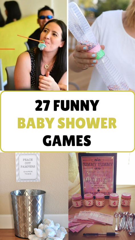 Collage of funny baby shower games, including pacifier straw challenge, diaper toss, and baby food taste test. Perfect ideas to keep guests laughing and entertained at your baby shower! Baby Shower Games For Girl, Baby Shower Dad Games, Baby Shower Activity Ideas, Funny Baby Shower Themes, Baby Shower Ideas Unique, Fun Baby Shower Games Hilarious, Baby Shower Fun Games, Clothespin Baby Shower Game, Baby Food Guessing Game