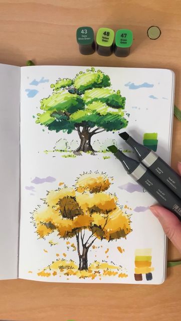 Markers Drawing Architecture, Draw Trees, Art Markers Drawing, Landscape Design Drawings, Copic Marker Art, Orange Shades, Landscape Architecture Drawing, Architecture Design Sketch, Architecture Drawing Art