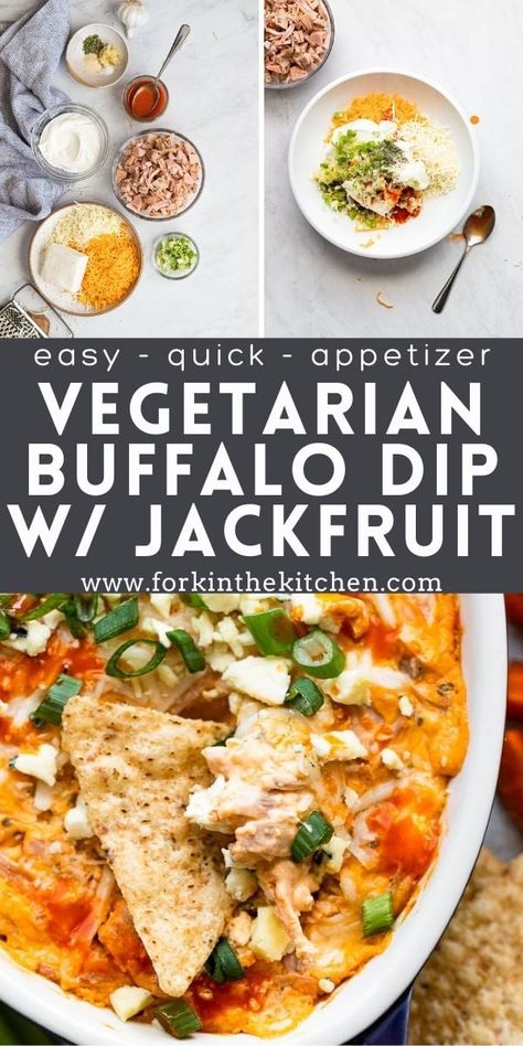 You are going to love this vegetarian dip; it's just like buffalo chicken dip but without the chicken! This vegetarian buffalo dip is made with shredded jackfruit for texture, loaded with cheese and buffalo sauce. It's easy to make, ready in under 30 minutes, and is guaranteed to be a crowd-pleasing appetizer! Buffalo Jackfruit Dip, Vegetarian Chicken Wing Dip, Vegetarian Buffalo Chicken Dip, Vegetarian Buffalo Dip, Vegan Buffalo Dip, Popcorn Recipes Savory, Vegetarian Buffalo, Meatless Chicken, Vegetarian Dip