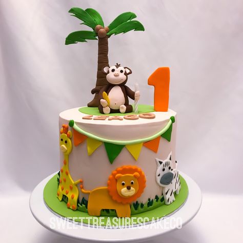 Monkey Theme Birthday Cake, Safari Cake Design Jungle Animals, Safari Cake Simple, Jungle Theme Birthday Cake Simple, Jungle Theme Birthday Party Cakes, 1 Shape Cake, Zoo Animal Birthday Cake, Simple Safari Cake, Safari Cake Design