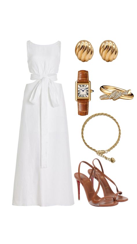 White dress, brown heels, brown and gold watch, gold jewelry Gold And White Outfit, Outfit Ideas Aesthetic, Casual Work Outfits Women, African Fabric Dress, Classy Gowns, Modesty Outfits, Heels Brown, Spring Outfit Ideas, White Summer Dress