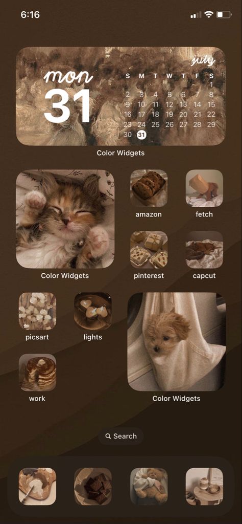 Brown Aesthetic Iphone Homescreen, Brown Aesthetic Homescreen Layout, Academia Iphone Layout, Cat Homescreen Layout, Brown Iphone Homescreen, Layouts Homescreen, Dark Homescreen Ideas, Brown Iphone Layout, Brown Ios Layout