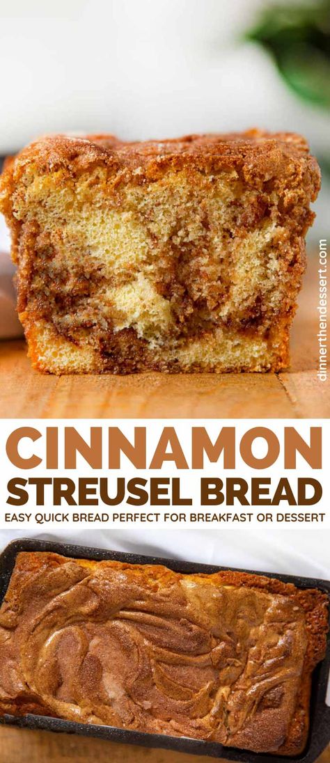 Cinnamon Streusel Bread is an easy quick bread with buttermilk with a cinnamon swirl topped with a crispy sugar crust. Perfect for breakfast or dessert! #cinnamon #streusel #coffeecake #breakfastbread #dessert #cinnamonbread #brownsugar #dinnerthendessert Cinnamon Streusel Bread, Bread With Buttermilk, Dessert Cinnamon, Quick Apple Dessert, Cinnamon Crumb Cake, Easy Quick Bread, Dinner Then Dessert, Cinnamon Swirl Bread, Cinnamon Streusel