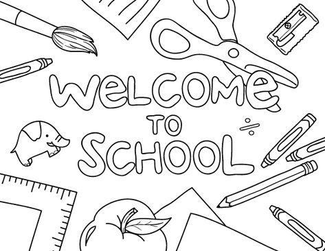 Free printable "Welcome to School" coloring page. Download it at https://museprintables.com/download/coloring-page/welcome-to-school/ Welcome To Kindergarten Coloring Page, First Day Of School Coloring Page Free, Welcome Back To School Coloring Pages, Welcome Coloring Pages, Welcome Drawing, Welcome School, Buda Wallpaper, Fall Leaves Coloring Pages, First Day Of School Pictures