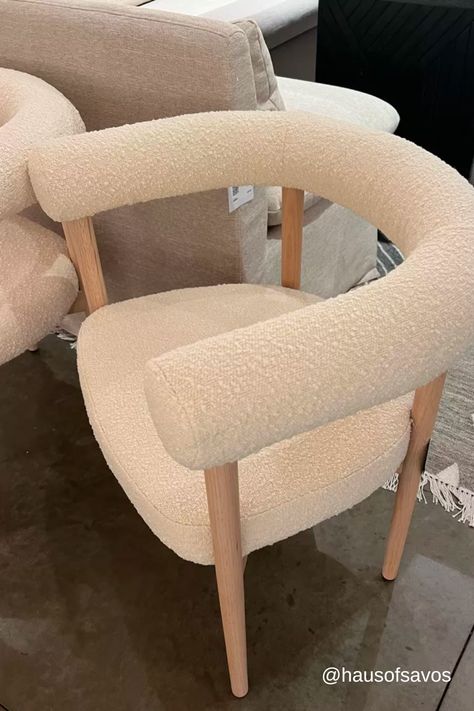 Boucle Dining Room Chair, Neutral Accent Chairs For Living Room, Dining Room Chairs 2023, Cozy Neutral Dining Room, Organic Dining Chair, White Boucle Dining Chair, Boucle Dining Chair And Table, Barrel Chair Dining Room, Modern Organic Dining Chairs