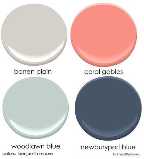 Family room color palette: benjamin moore colors Barran plain ... Coral And Blue Bedroom, Blue And Coral Bedroom, Coral Color Decor, Playroom Colors, Newburyport Blue, Color Palette Benjamin Moore, Woodlawn Blue, Coral Bathroom, Kid Bathroom