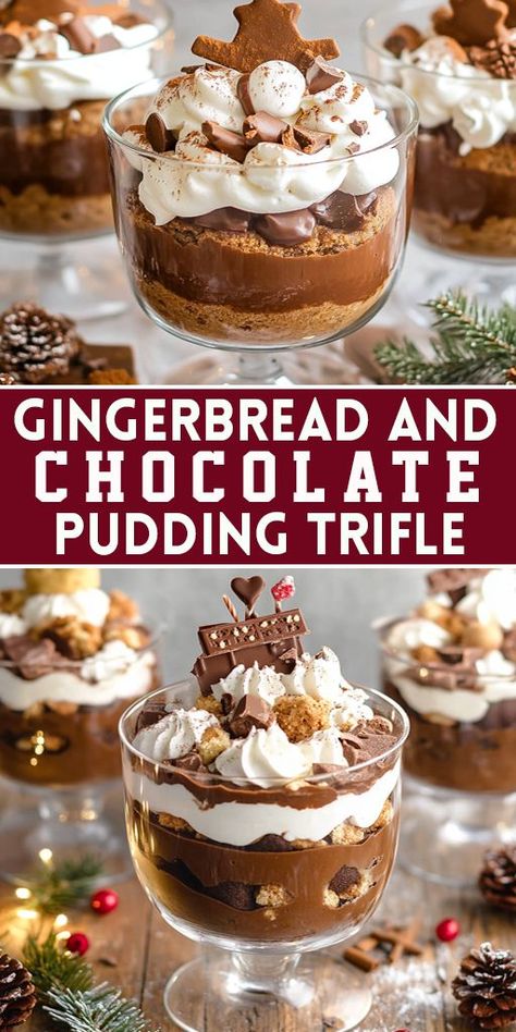 Layer up festive flavors with this Gingerbread and Chocolate Pudding Trifle 🎄🍫! A holiday dessert filled with creamy chocolate pudding, spiced gingerbread, and whipped topping. #ChristmasDesserts #GingerbreadTrifle #LayeredDesserts #HolidayRecipes #FestiveFood Snickerdoodle Trifle, Pudding Trifle Desserts, Chocolate Pudding Dessert Cups, Chocolate Pudding Trifle, Keto Meal Plan Free, Holiday Pudding, Dark Chocolate Pudding, Pudding Trifle, Chocolate Pudding Desserts