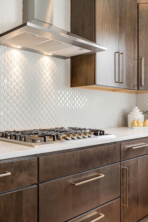 White Brown Gold Kitchen, Brown Cabinets Gold Hardware, Kitchen Cabinets With Gold Hardware, Cabinets With Gold Hardware, Textured Backsplash, Jen Carter, Brown Cupboards, Dark Brown Kitchen Cabinets, Gold Kitchen Hardware