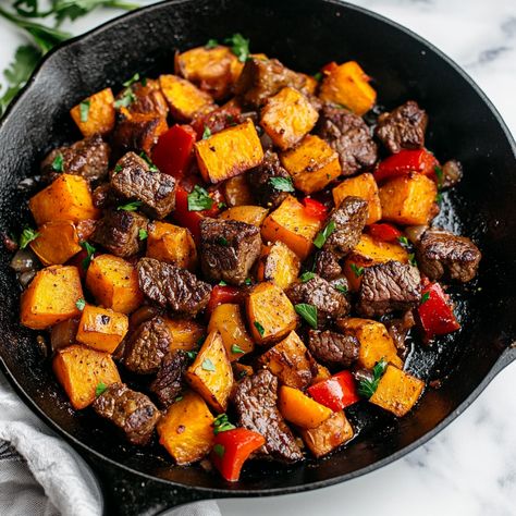 Flank Steak Sweet Potato, Healthy Steak Bites, Steak And Sweet Potato Dinners, Steak Bites With Sweet Potatoes, Tender Steak Bites, Steak And Sweet Potato, Potatoes And Bell Peppers, 2025 Recipes, Healthy Steak