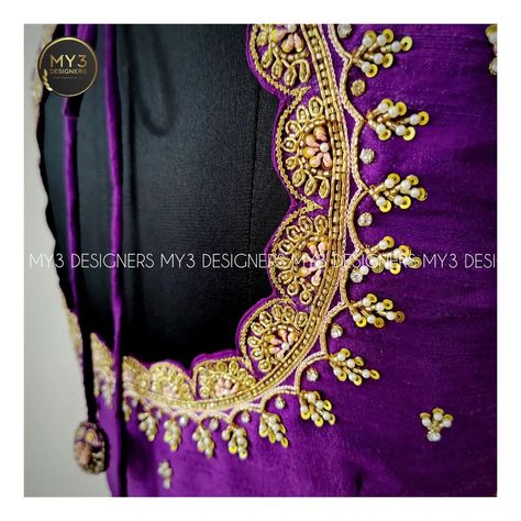 The Royal edit - Purple 💜 rawsilk work blouse customised drop cutout neckline with Scallop neckline and Sleeve highlighted with zari boarder adored with zari, jarkan, cut dhana, sequence, pearl, zardosi and thread work with Intricate detailing 🧶🪡🧵 👇 MODEL NO : 114 👇 Blouse can be customised✔️ in any colour and model🎀 of your choice as per your 🥻requirement. Ex: 👗Fabric, embroidery🪡 placements, neckline and tassels 💥 👇 📌 For more details 🏷️and bookings DM, ☎️ call / WhatsApp +919032871878 📩 ... Scallop Neckline, Scalloped Blouse, Cutout Neckline, Maggam Work Designs, Maggam Work Blouse Designs, Maggam Work Blouses, Fabric Embroidery, Bridal Blouse, Bridal Blouse Designs