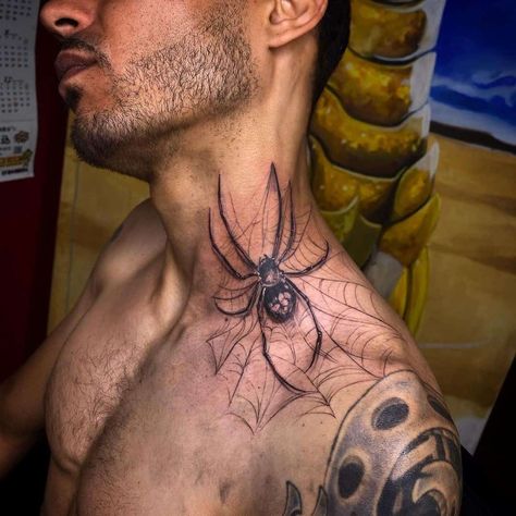 Spider Tattoo On Neck For Men Tattoo On Neck For Men, Sb Tattoo, Unique Tattoos Ideas, Spider Tattoo Ideas, Tattoo Ideas Christian, Black Widow Spider Tattoo, Spider Tattoos, Front Neck Tattoo, Tattoo Ideas For Guys