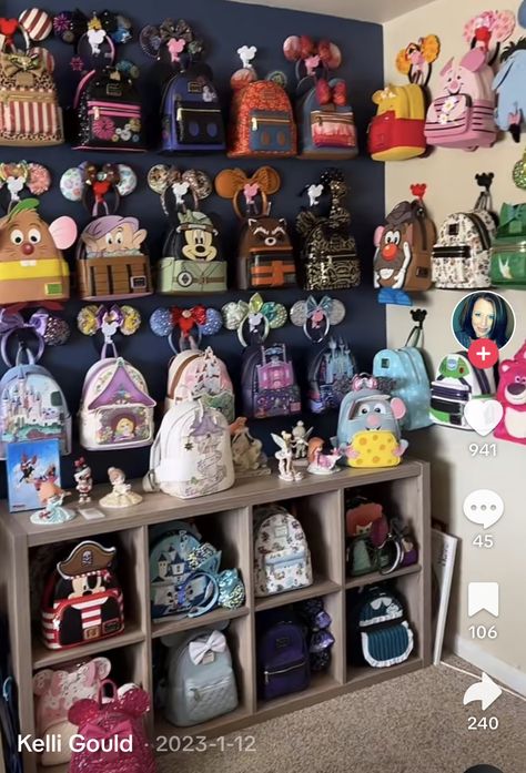 Disney Bag Display, How To Display Loungefly Backpacks, Loungefly Bag Display Wall, Loungefly Storage, Loungefly Storage Ideas, Loungefly Bag Display, Disney Loungefly Backpack Display, Loungefly Display Ideas, Disney Room Ideas For Adults