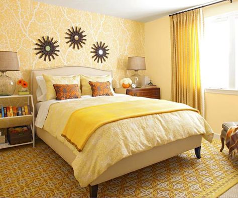 Decorating above the headboard: Use odd number for groups, use square objects with a rounded headboard / round objects with a square headboard, suspend artwork at least a foot above the highest point of the headboard. Apartment Carpet, Bedroom Decorating Tips, Yellow Paint Colors, Tropical Bedrooms, Yellow Bedroom, Small Apartment Decorating, Yellow Walls, Decoration Inspiration, Bedroom Paint