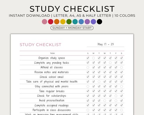 Study Checklist, Printable, Minimal, Student Planner, School Tasks Tracker, To Do List, Checklist, Homework, Letter, A4, A5, Half Letter plannerdesignideas #eventplanner #coverplanner #plannercards. School To Do List Printable, Homework Letter, Study Checklist, Study Planner Printable Free, College Homework, Planner School, Homework Planner, Study Planner Printable, Study Tips For Students